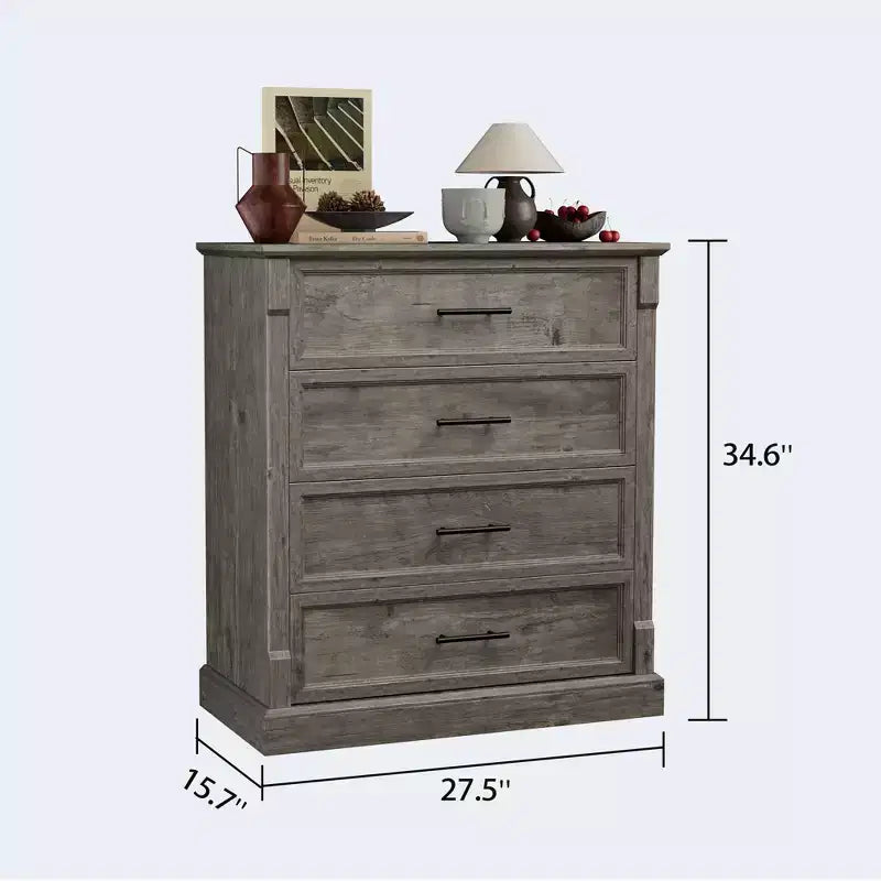 Commode 4 tiroirs pour chambre à coucher, commode en bois de 88 cm de hauteur avec poignées en métal, organisateur de rangement pour vêtements, commode étroite de chevet pour chambre à coucher