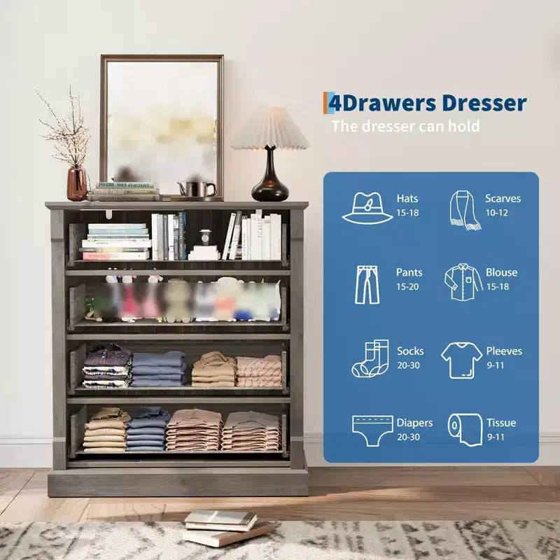 Commode 4 tiroirs pour chambre à coucher, commode en bois de 88 cm de hauteur avec poignées en métal, organisateur de rangement pour vêtements, commode étroite de chevet pour chambre à coucher