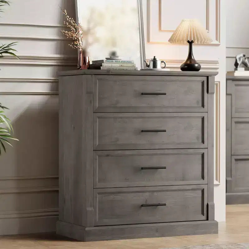 Commode 4 tiroirs pour chambre à coucher, commode en bois de 88 cm de hauteur avec poignées en métal, organisateur de rangement pour vêtements, commode étroite de chevet pour chambre à coucher