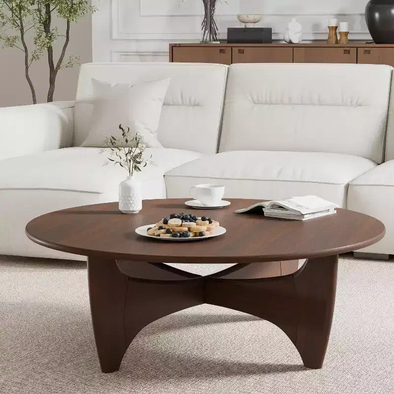 PexFix 38 Round Modern Coffee Table Farmhouse Solid Wood Tea Table with Cross Sturdy Legs for Home Office Living Room Walnut