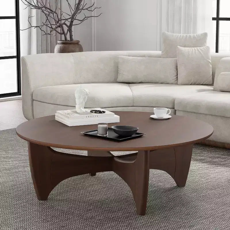 Table basse ronde moderne de 38 po, table de service en bois massif de style campagnard avec pieds en croix robustes pour salon, bureau à domicile, noyer