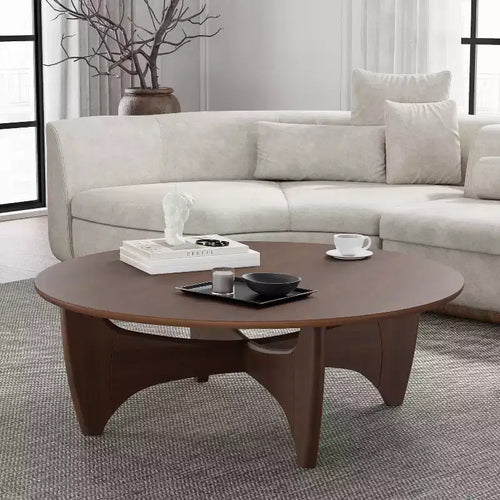 Table basse ronde moderne de 38 po, table de service en bois massif de style campagnard avec pieds en croix robustes pour salon, bureau à domicile, noyer