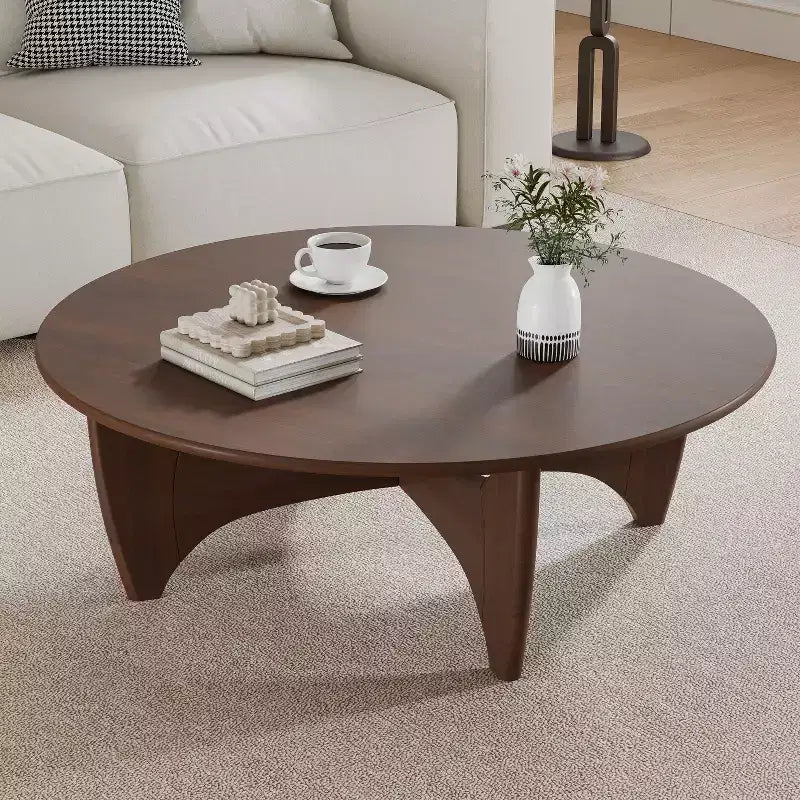 Table basse ronde moderne de 38 po, table de service en bois massif de style campagnard avec pieds en croix robustes pour salon, bureau à domicile, noyer