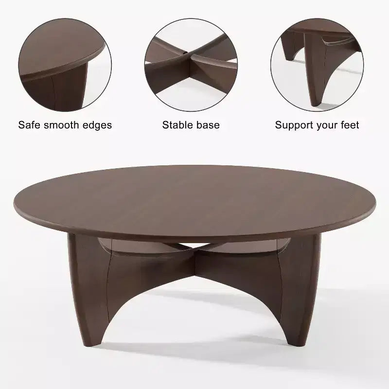 Table basse ronde moderne de 38 po, table de service en bois massif de style campagnard avec pieds en croix robustes pour salon, bureau à domicile, noyer