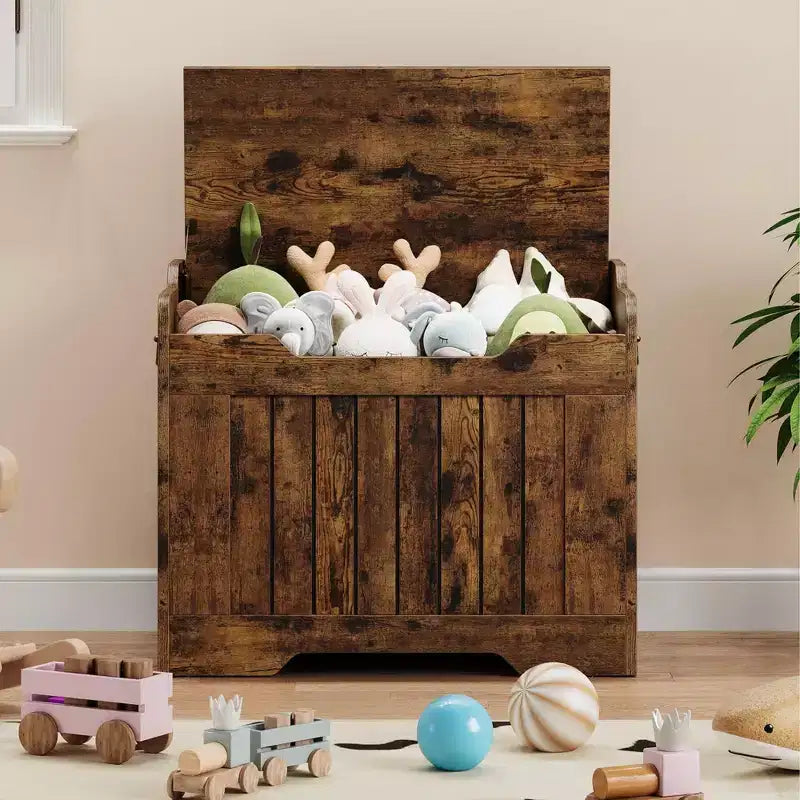 Coffre de rangement en bois de 63 cm, boîte à jouets pour enfants, banc de rangement à couvercle rabattable avec charnière de sécurité, banc de rangement pour entrée, salon, chambre à coucher