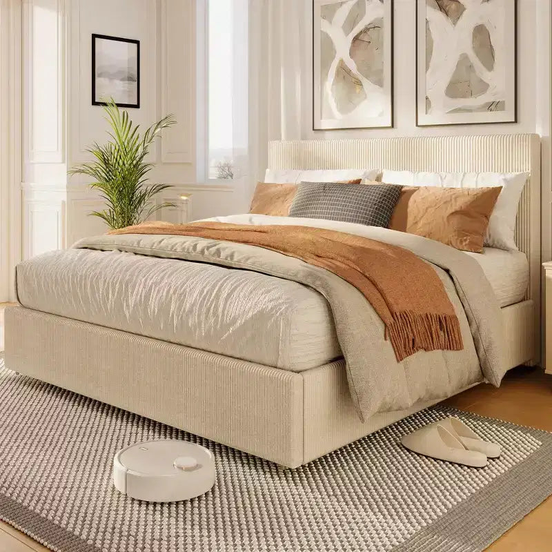 CuisinSmart Corduroy Bed Frame with Headboard, Platform Upholstered Bed Frame with 4 Storage Drawers and Wooden Slats Support