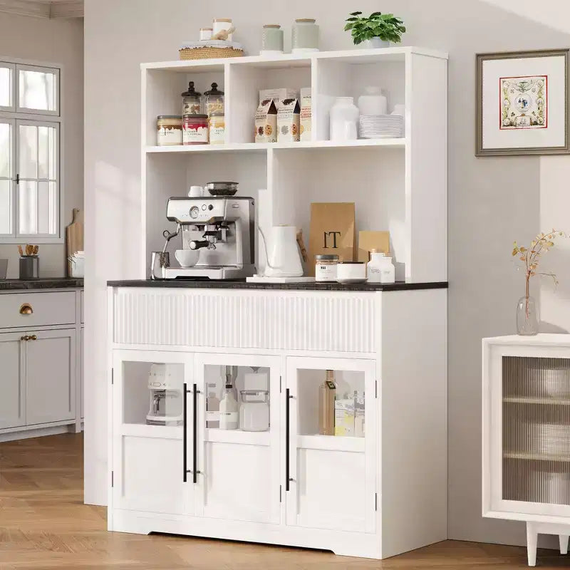 60'' Buffet Cabinet, Modern Farmhouse Kitchen Buffet Sideboard Storage Cabinet with Drawers, Glass Door & Open Shelf, Coffee Bar Station