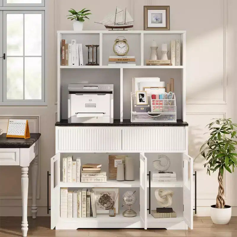 Buffet de cuisine de ferme moderne de 152 cm avec tiroirs, portes vitrées et étagère ouverte, meuble de rangement pour bar à café
