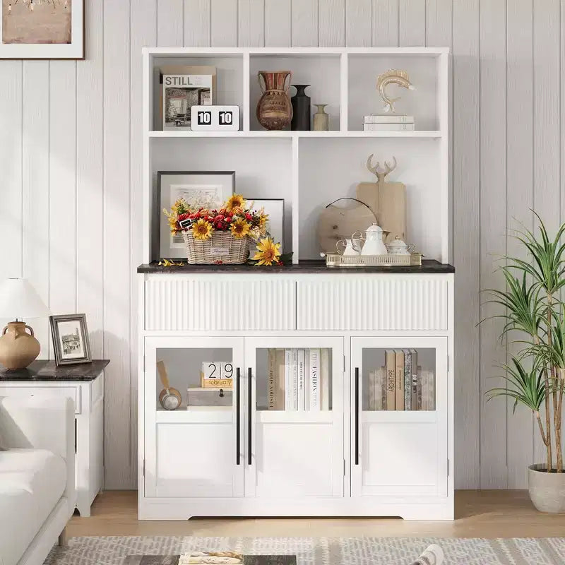 Buffet de cuisine de ferme moderne de 152 cm avec tiroirs, portes vitrées et étagère ouverte, meuble de rangement pour bar à café