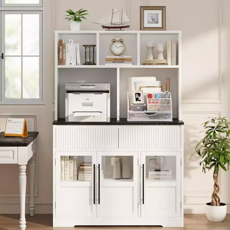 Buffet de cuisine de ferme moderne de 152 cm avec tiroirs, portes vitrées et étagère ouverte, meuble de rangement pour bar à café