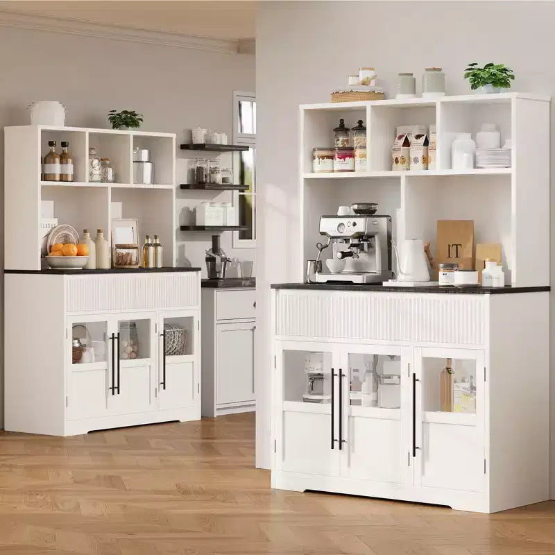 Buffet de cuisine de ferme moderne de 152 cm avec tiroirs, portes vitrées et étagère ouverte, meuble de rangement pour bar à café