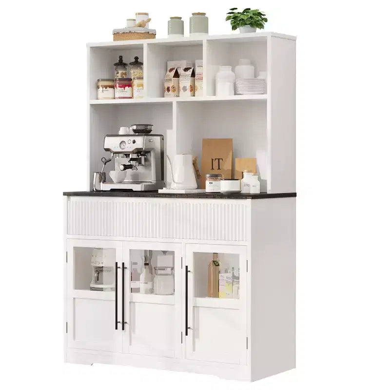 Buffet de cuisine de ferme moderne de 152 cm avec tiroirs, portes vitrées et étagère ouverte, meuble de rangement pour bar à café