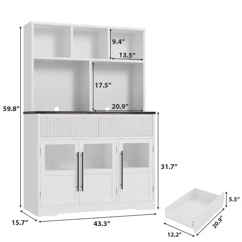 Buffet de cuisine de ferme moderne de 152 cm avec tiroirs, portes vitrées et étagère ouverte, meuble de rangement pour bar à café