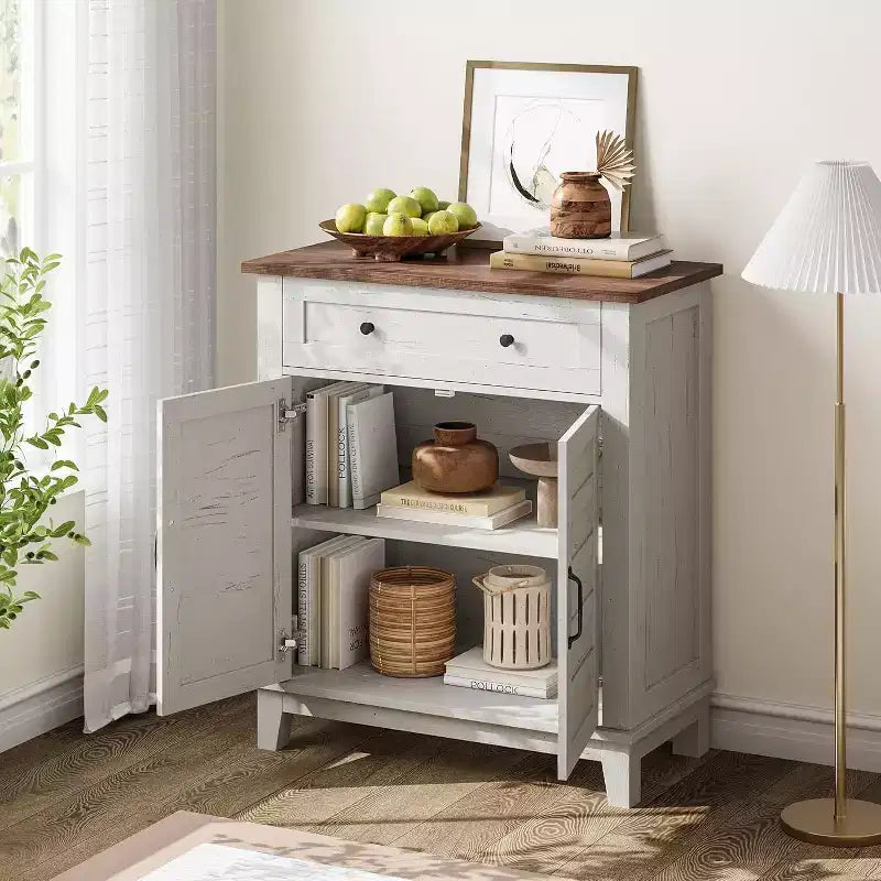 Meuble de rangement rustique avec étagères réglables, organisateur de style fermier avec portes à lattes pour la cuisine et l'entrée