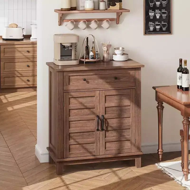 Rustic Storage Cabinet with Adjustable Shelves, Farmhouse Organizer with Slatted Doors for Kitchen and Entryway