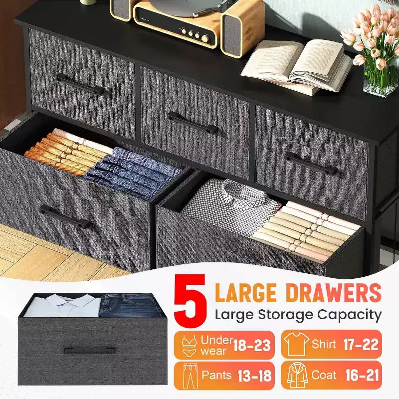 Commode en tissu à 5/8/9 tiroirs avec plateau en bois, meuble de rangement polyvalent avec cadre en acier