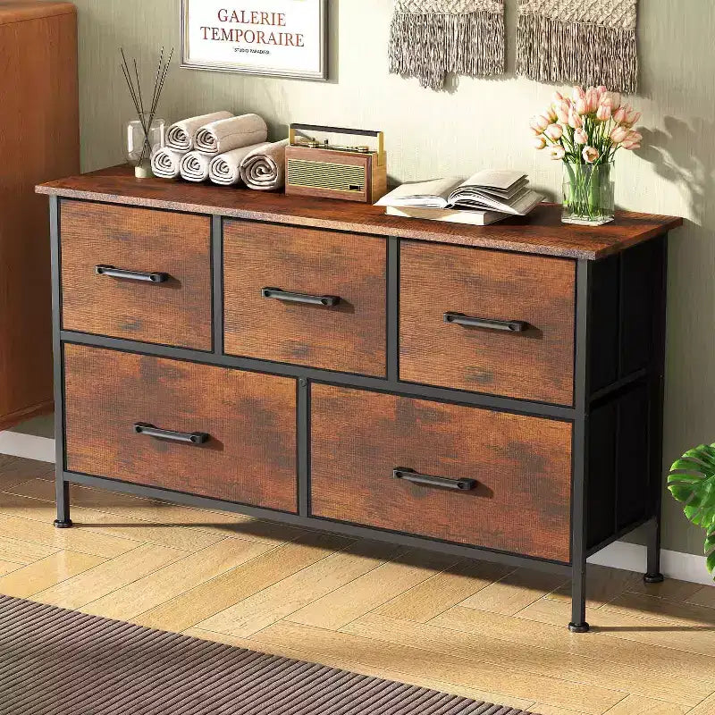 Commode en tissu à 5/8/9 tiroirs avec plateau en bois, meuble de rangement polyvalent avec cadre en acier