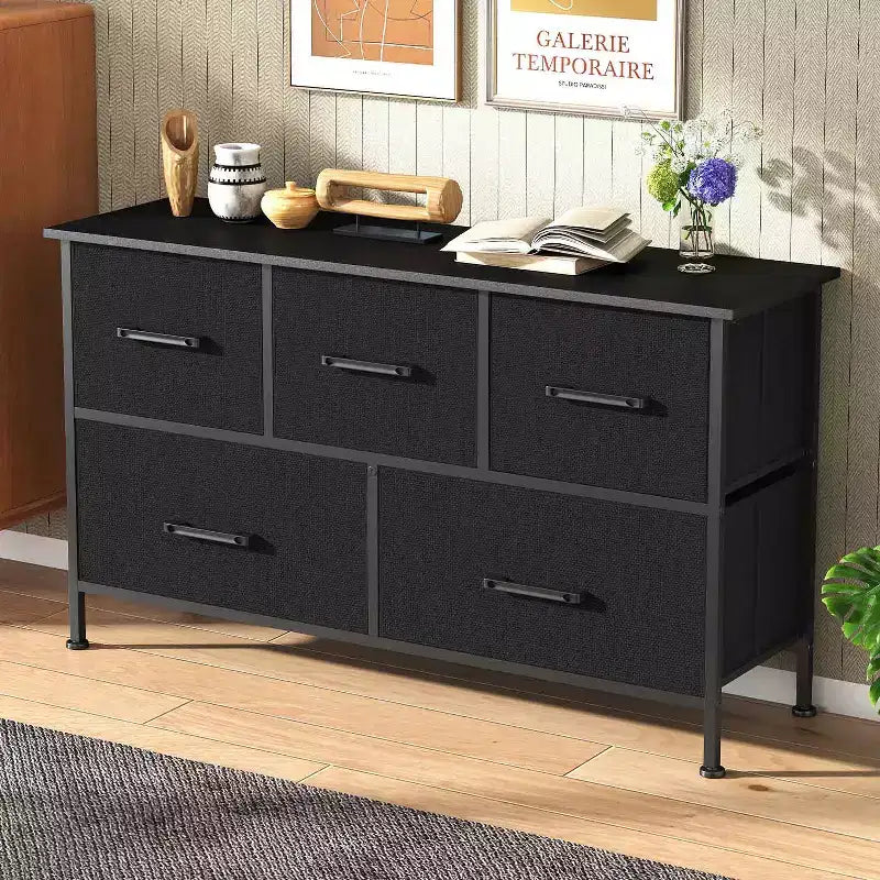 Commode en tissu à 5/8/9 tiroirs avec plateau en bois, meuble de rangement polyvalent avec cadre en acier