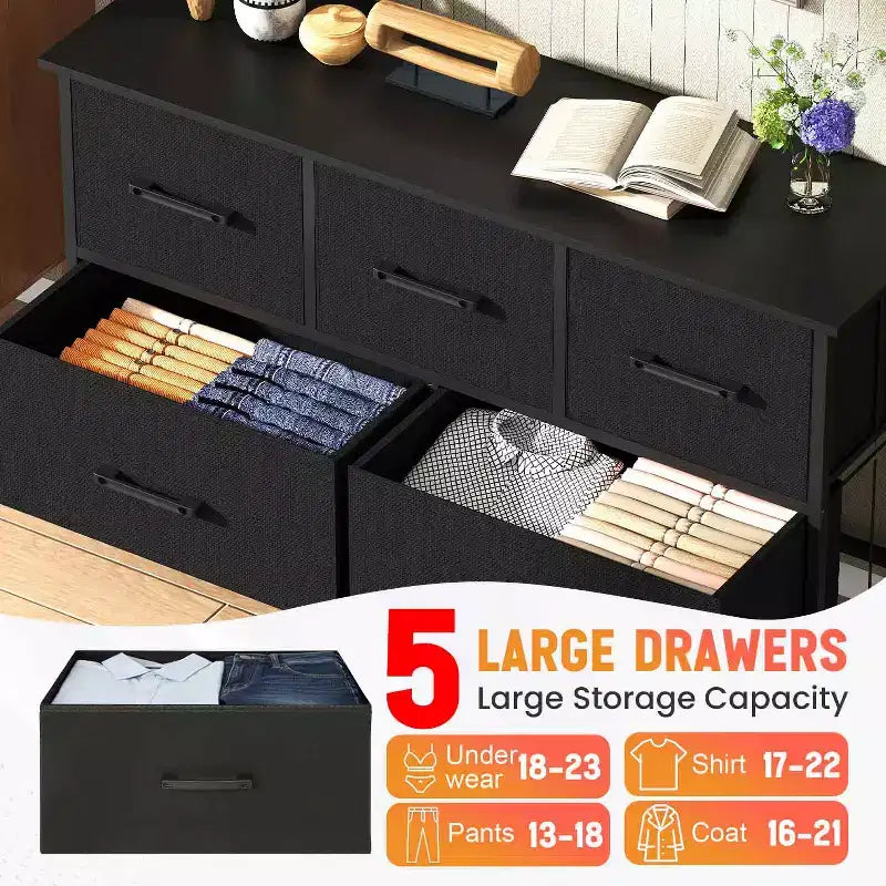 Commode en tissu à 5/8/9 tiroirs avec plateau en bois, meuble de rangement polyvalent avec cadre en acier