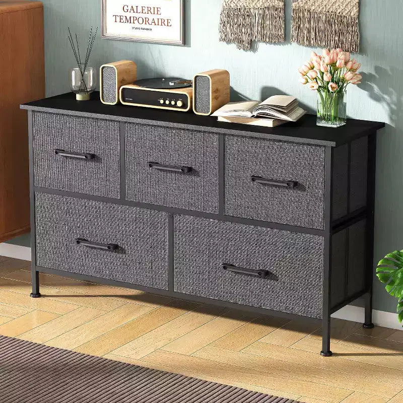 Commode en tissu à 5/8/9 tiroirs avec plateau en bois, meuble de rangement polyvalent avec cadre en acier