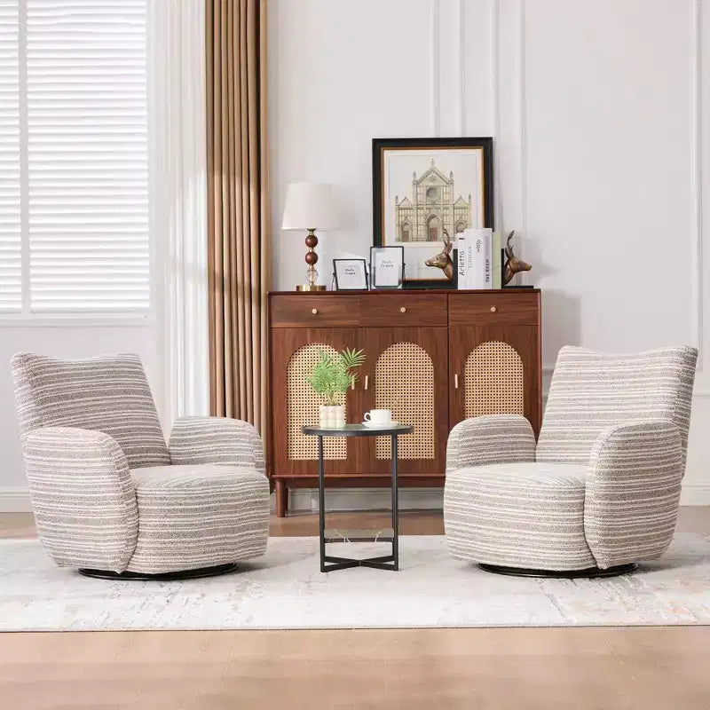 Fauteuil pivotant de salon en tissu rayé de style Mid-Century avec design esthétique, chaise d'appoint décontractée pour salons, espaces de relaxation
