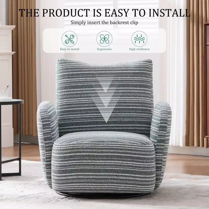 Fauteuil pivotant de salon en tissu rayé de style Mid-Century avec design esthétique, chaise d'appoint décontractée pour salons, espaces de relaxation