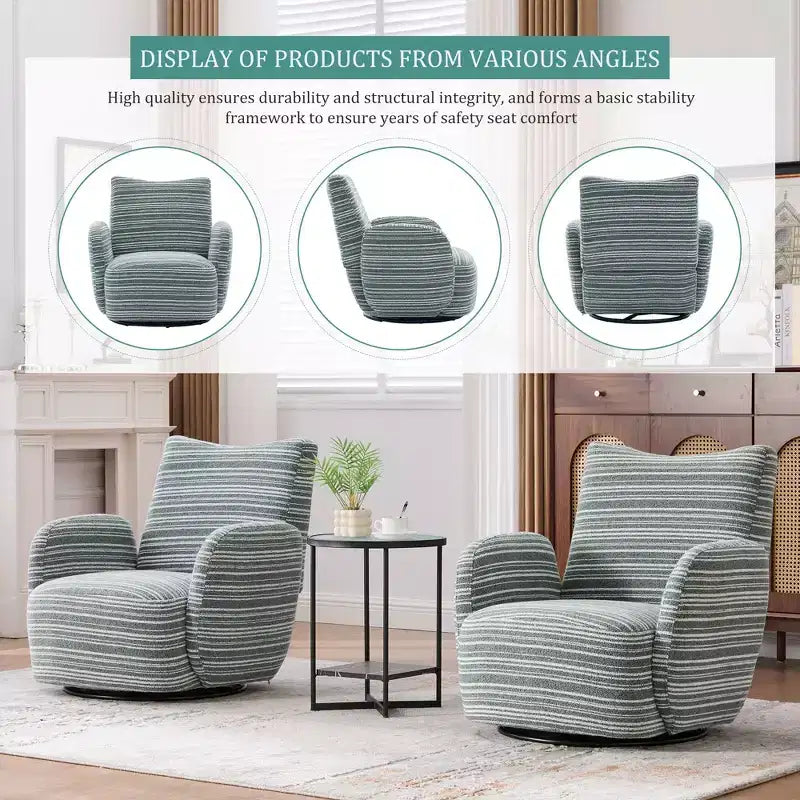 Fauteuil pivotant de salon en tissu rayé de style Mid-Century avec design esthétique, chaise d'appoint décontractée pour salons, espaces de relaxation