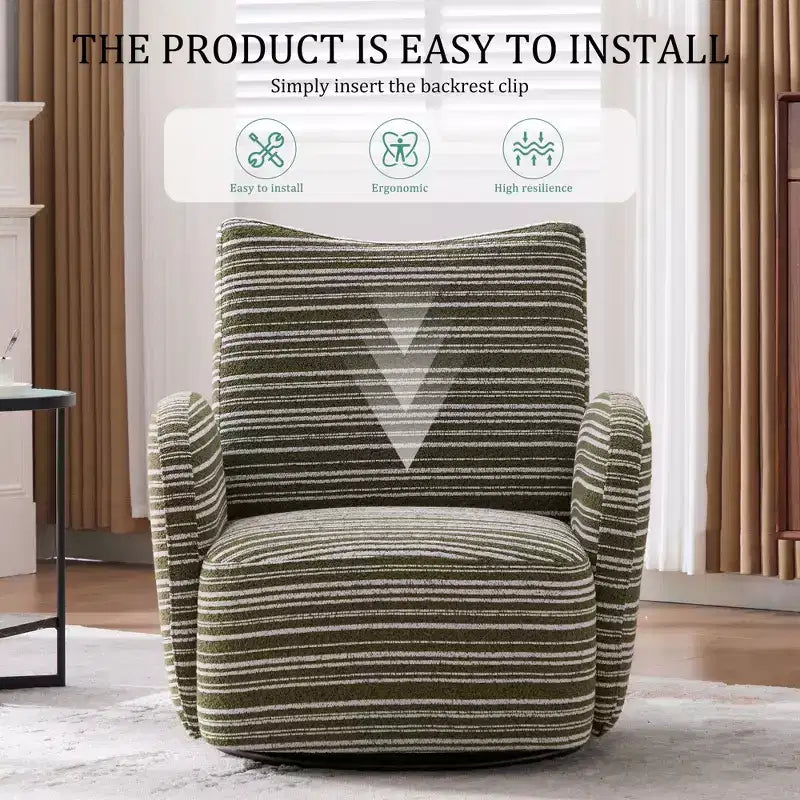 Fauteuil pivotant de salon en tissu rayé de style Mid-Century avec design esthétique, chaise d'appoint décontractée pour salons, espaces de relaxation
