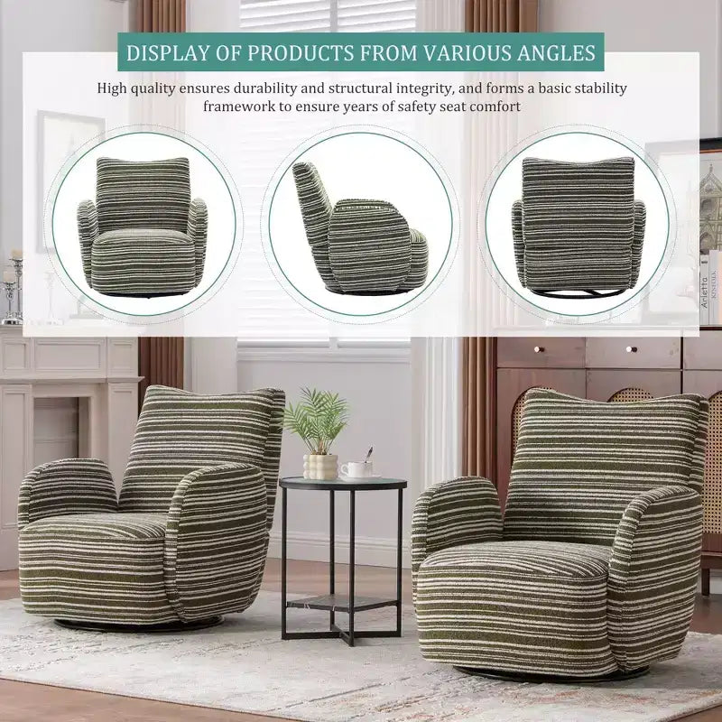 Fauteuil pivotant de salon en tissu rayé de style Mid-Century avec design esthétique, chaise d'appoint décontractée pour salons, espaces de relaxation