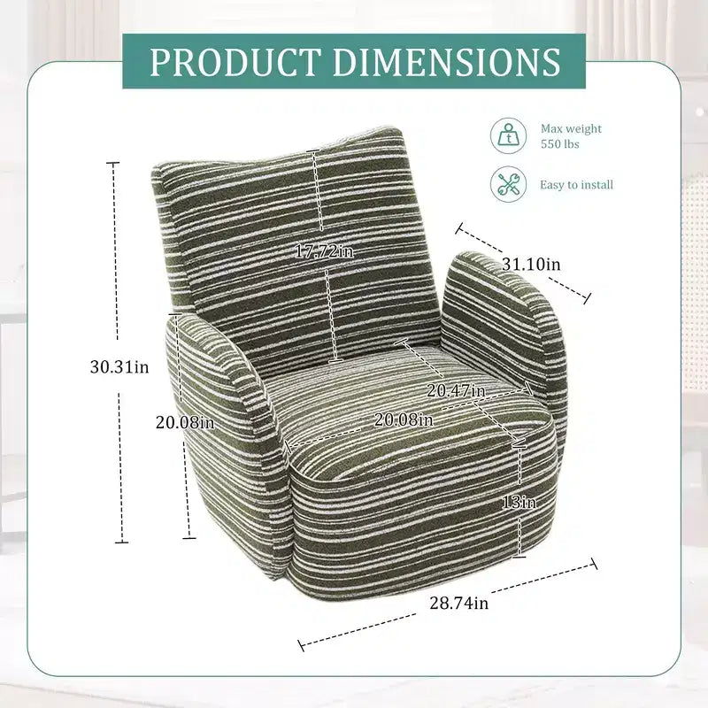 Fauteuil pivotant de salon en tissu rayé de style Mid-Century avec design esthétique, chaise d'appoint décontractée pour salons, espaces de relaxation