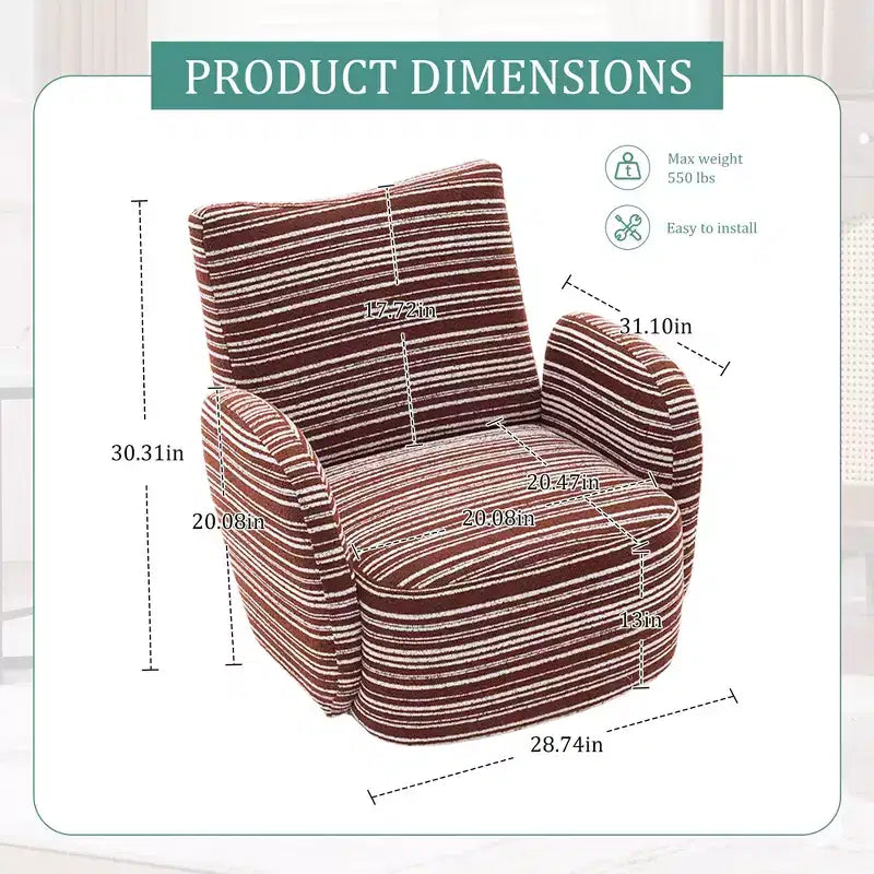 Fauteuil pivotant de salon en tissu rayé de style Mid-Century avec design esthétique, chaise d'appoint décontractée pour salons, espaces de relaxation