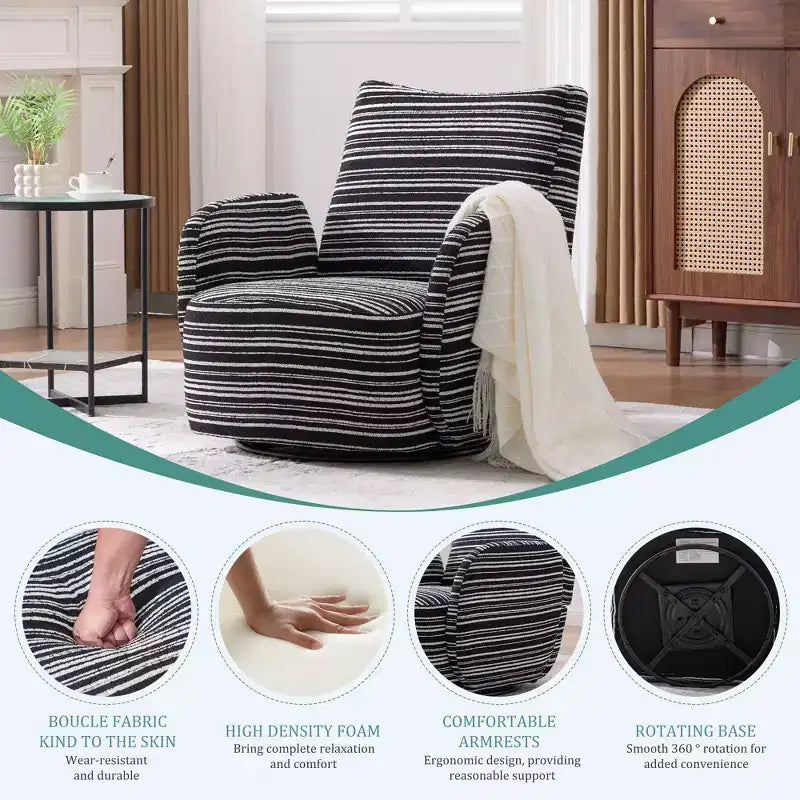 Fauteuil pivotant de salon en tissu rayé de style Mid-Century avec design esthétique, chaise d'appoint décontractée pour salons, espaces de relaxation