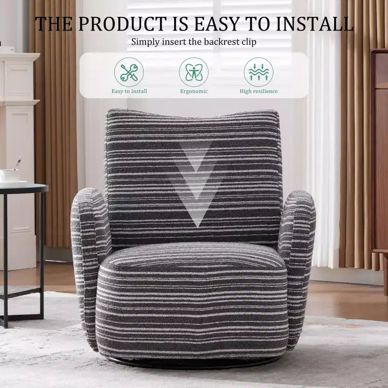 Fauteuil pivotant de salon en tissu rayé de style Mid-Century avec design esthétique, chaise d'appoint décontractée pour salons, espaces de relaxation