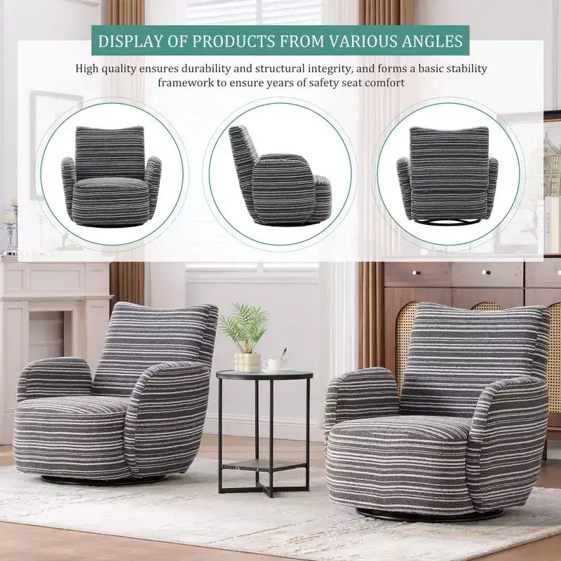 Fauteuil pivotant de salon en tissu rayé de style Mid-Century avec design esthétique, chaise d'appoint décontractée pour salons, espaces de relaxation