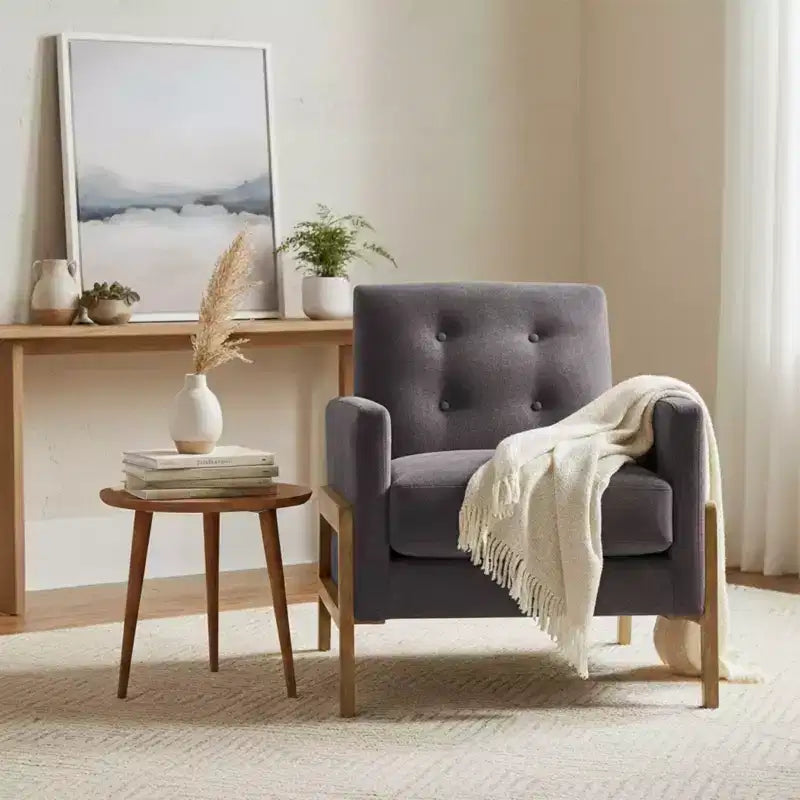 Fauteuil rembourré moderne et élégant avec dossier capitonné et structure en bois massif, chaise de lecture pour salons, zones de détente