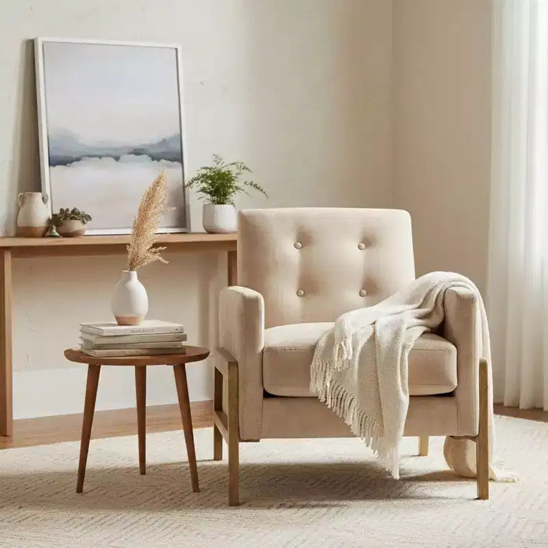 Fauteuil rembourré moderne et élégant avec dossier capitonné et structure en bois massif, chaise de lecture pour salons, zones de détente