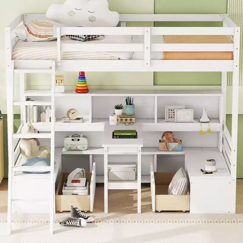 Lit mezzanine double de 79.53 pouces avec bureau, cadre de lit avec étagères de rangement, sièges et tiroirs, lit mezzanine double pour chambre à coucher, chambre d'enfant