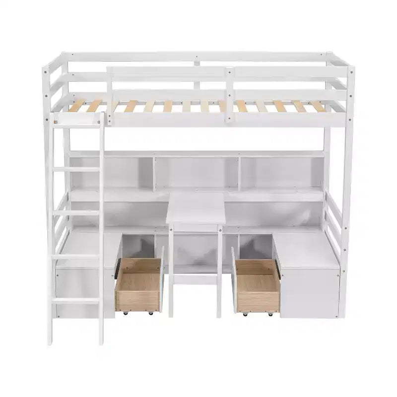 Lit mezzanine double de 79.53 pouces avec bureau, cadre de lit avec étagères de rangement, sièges et tiroirs, lit mezzanine double pour chambre à coucher, chambre d'enfant