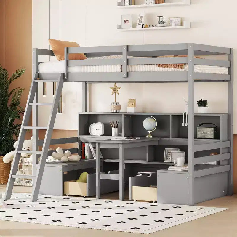 Lit mezzanine double de 79.53 pouces avec bureau, cadre de lit avec étagères de rangement, sièges et tiroirs, lit mezzanine double pour chambre à coucher, chambre d'enfant