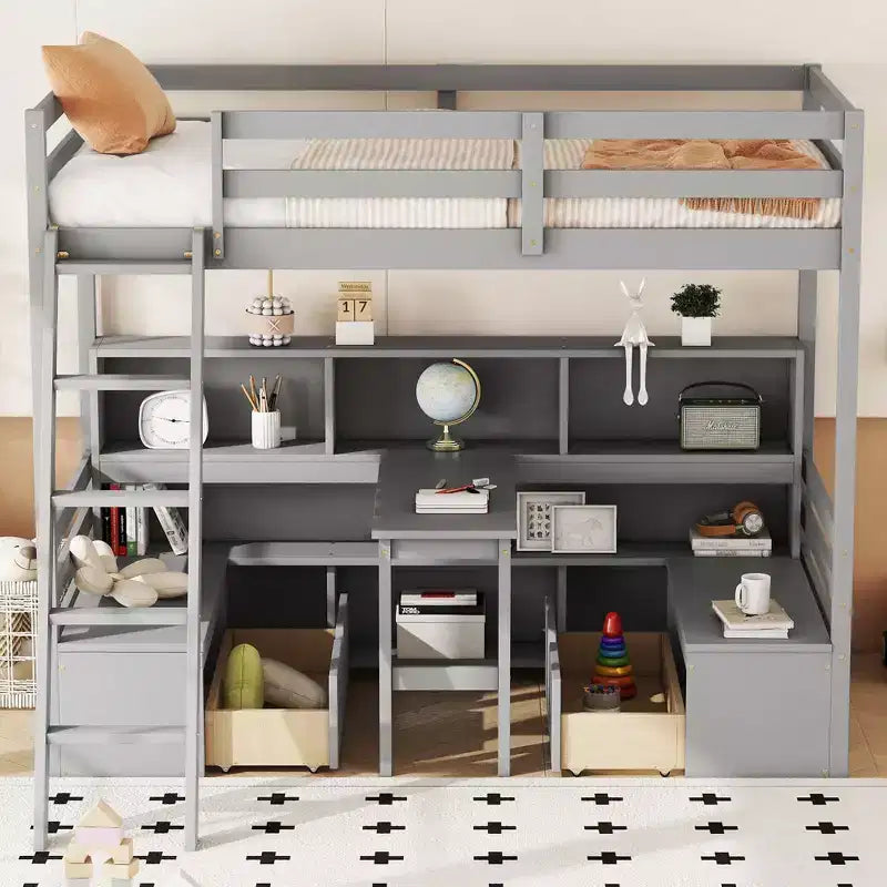 Lit mezzanine double de 79.53 pouces avec bureau, cadre de lit avec étagères de rangement, sièges et tiroirs, lit mezzanine double pour chambre à coucher, chambre d'enfant