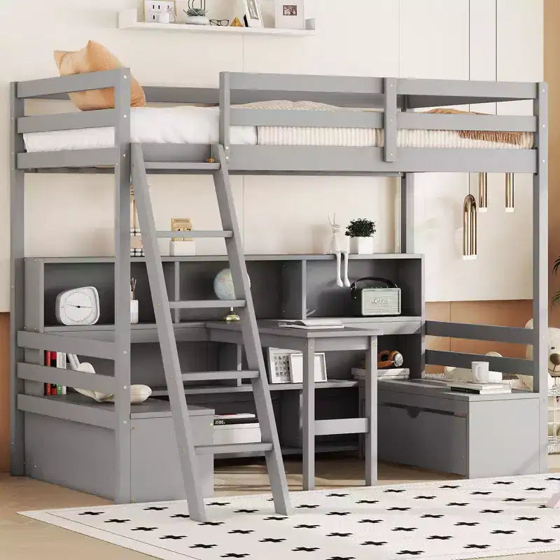 Lit mezzanine double de 79.53 pouces avec bureau, cadre de lit avec étagères de rangement, sièges et tiroirs, lit mezzanine double pour chambre à coucher, chambre d'enfant