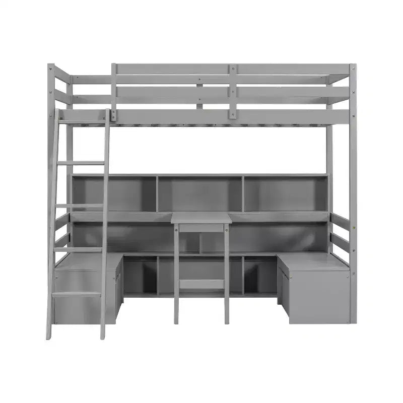 Lit mezzanine double de 79.53 pouces avec bureau, cadre de lit avec étagères de rangement, sièges et tiroirs, lit mezzanine double pour chambre à coucher, chambre d'enfant