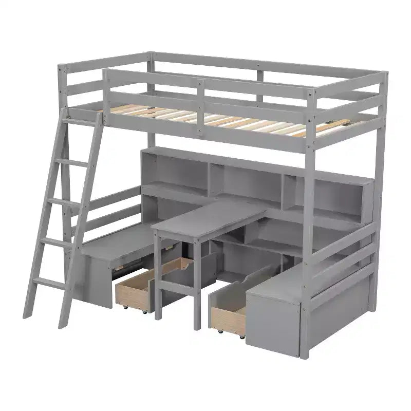 Lit mezzanine double de 79.53 pouces avec bureau, cadre de lit avec étagères de rangement, sièges et tiroirs, lit mezzanine double pour chambre à coucher, chambre d'enfant