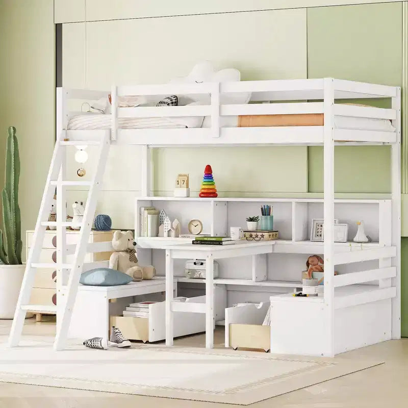 Lit mezzanine double de 79.53 pouces avec bureau, cadre de lit avec étagères de rangement, sièges et tiroirs, lit mezzanine double pour chambre à coucher, chambre d'enfant
