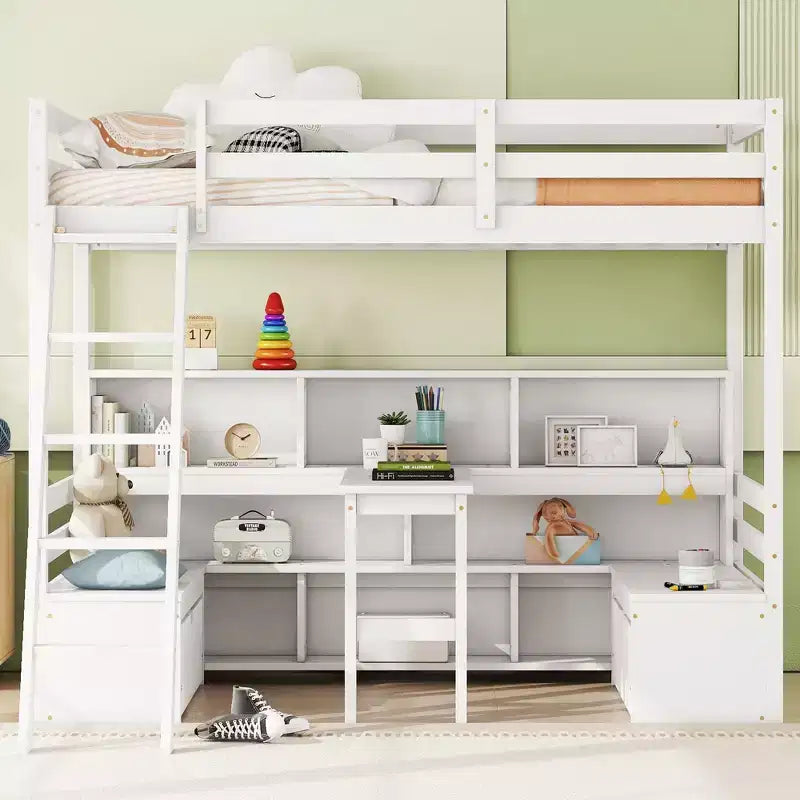 Lit mezzanine double de 79.53 pouces avec bureau, cadre de lit avec étagères de rangement, sièges et tiroirs, lit mezzanine double pour chambre à coucher, chambre d'enfant