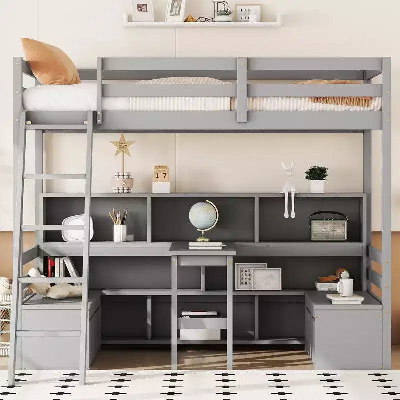 Lit mezzanine double de 79.53 pouces avec bureau, cadre de lit avec étagères de rangement, sièges et tiroirs, lit mezzanine double pour chambre à coucher, chambre d'enfant