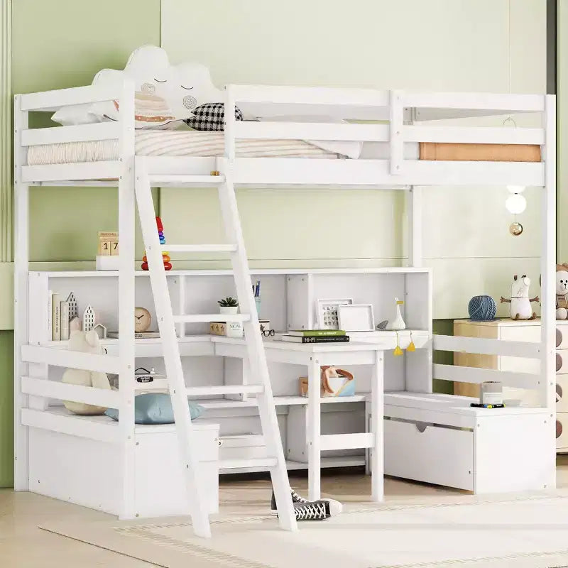 Okak 79.53IN Twin Size Loft Bed with Desk, Bed Frames with Storage Shelves, Seats and Drawers, Twin Loft Bed for Bedroom, Kids Room