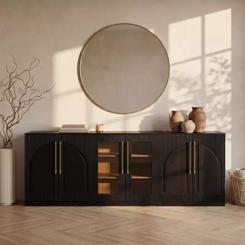 Buffet d'appoint blanc à 2 portes, buffet modulable avec rangement, console à portes cintrées symétriques pour salle à manger, salon