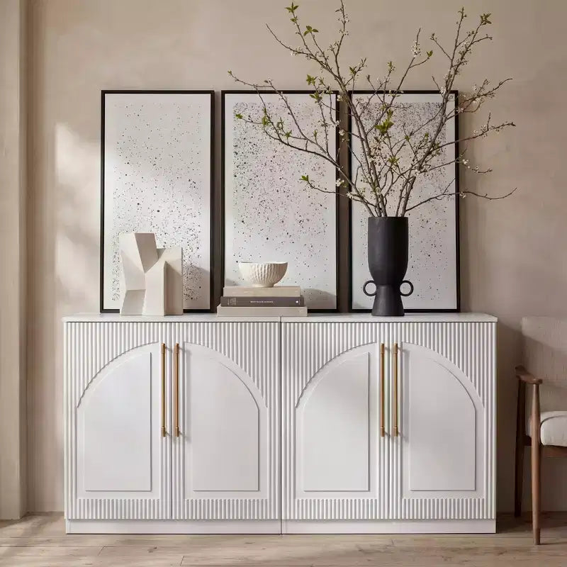 Buffet d'appoint blanc à 2 portes, buffet modulable avec rangement, console à portes cintrées symétriques pour salle à manger, salon