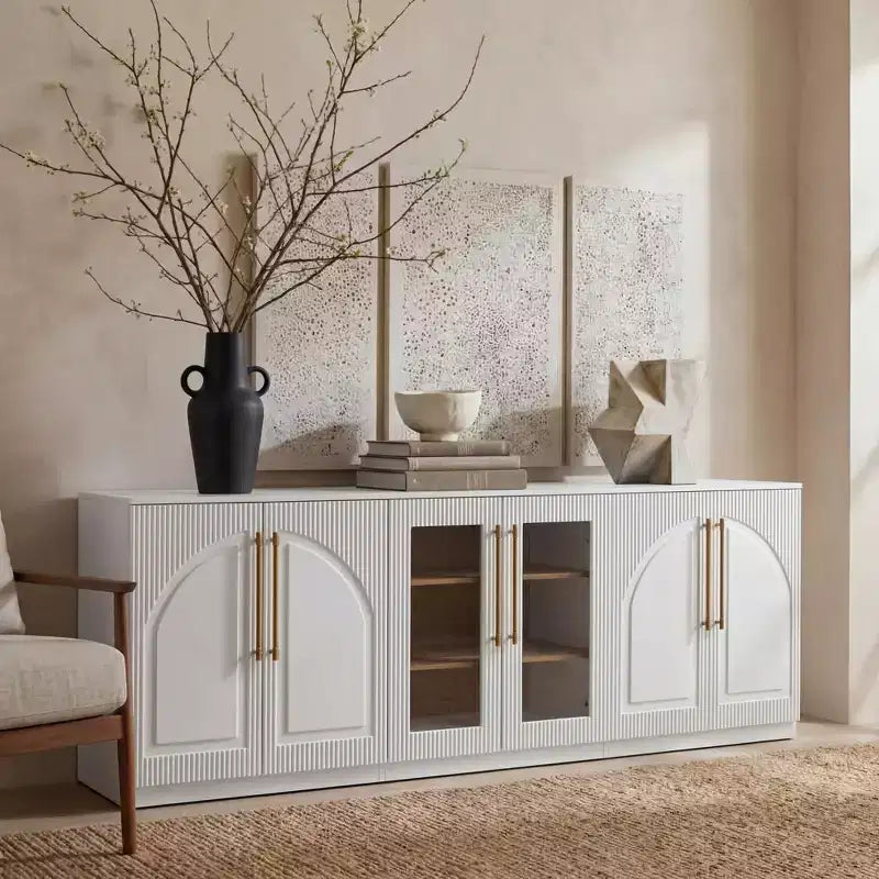 Buffet d'appoint blanc à 2 portes, buffet modulable avec rangement, console à portes cintrées symétriques pour salle à manger, salon